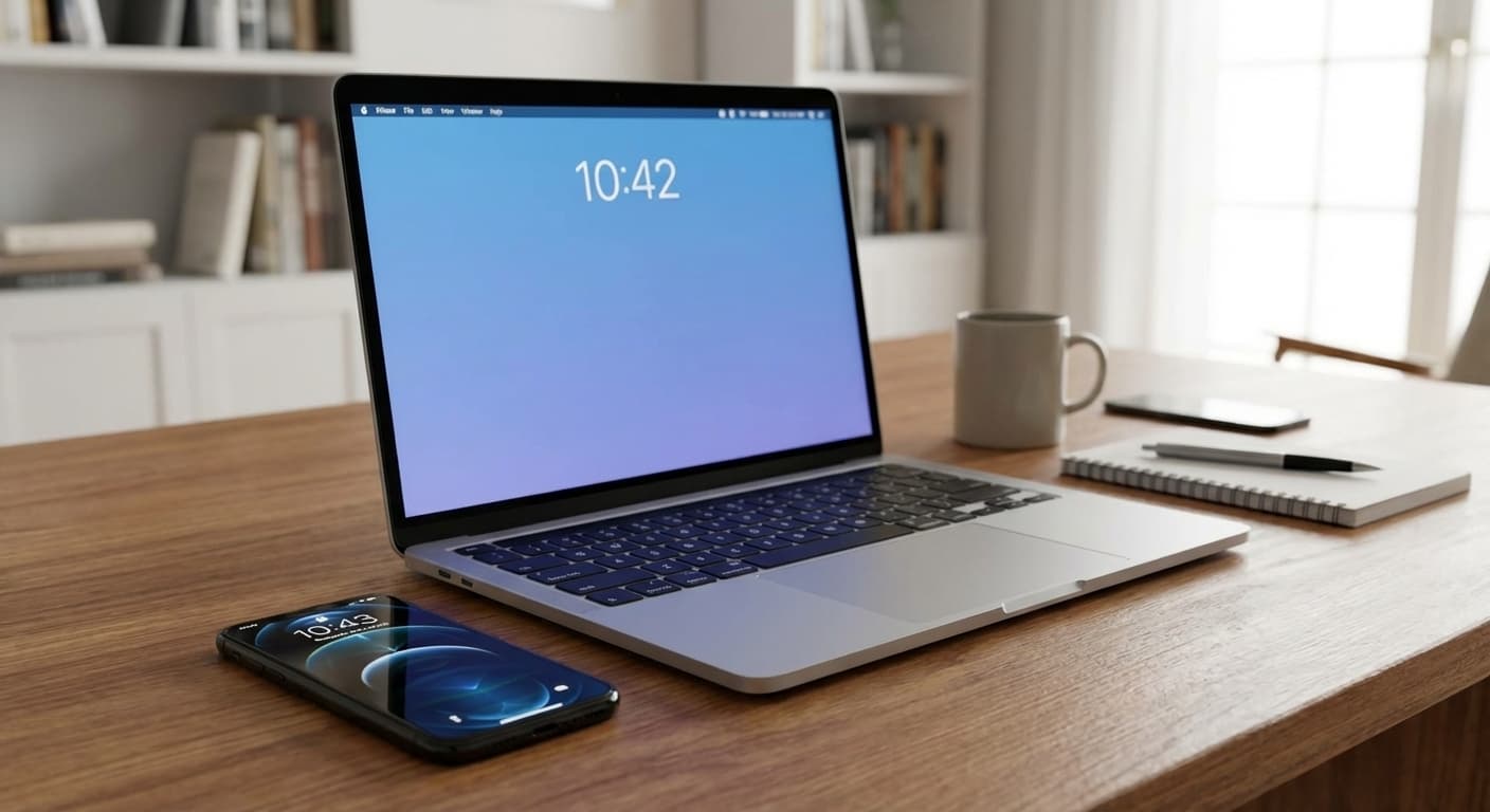 Laptop screen showing 10:42 and smartphone showing 10:43 side-by-side on a desk, illustrating a one-minute system clock drift.