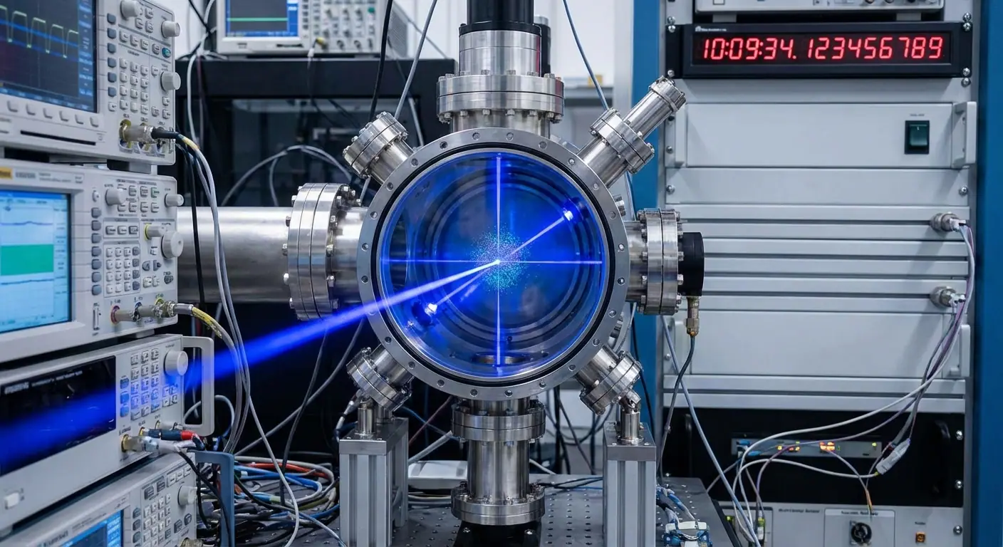 A close-up view of a complex metallic caesium fountain atomic clock mechanism inside a laboratory vacuum chamber.