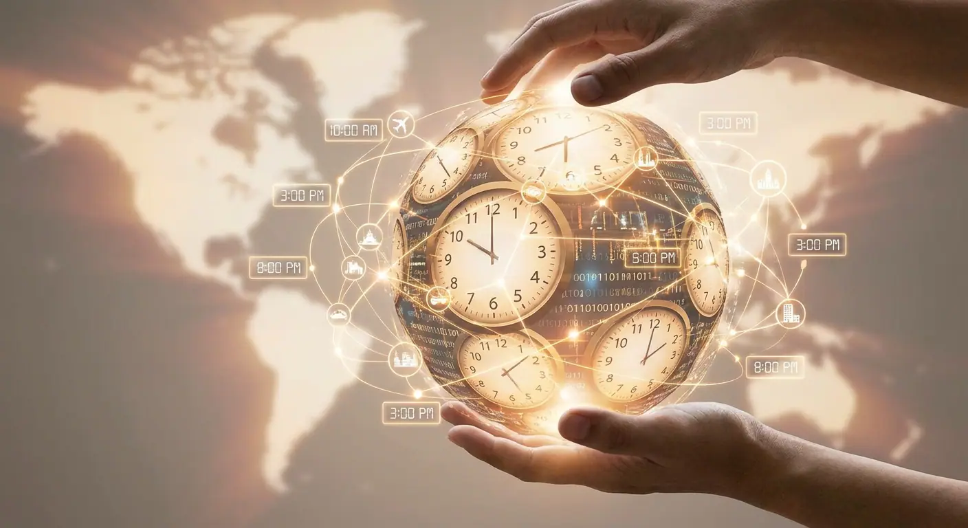 A stylized digital map of the world displaying various time zones with glowing connection lines linking major business hubs like New York, London, and Tokyo.