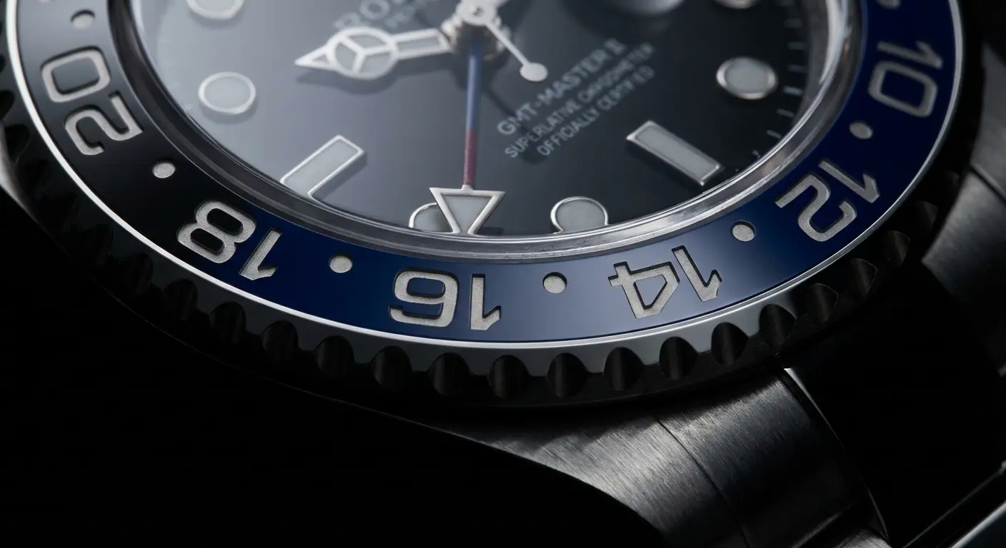 Close up of a ceramic GMT bezel set to a 4-hour offset.