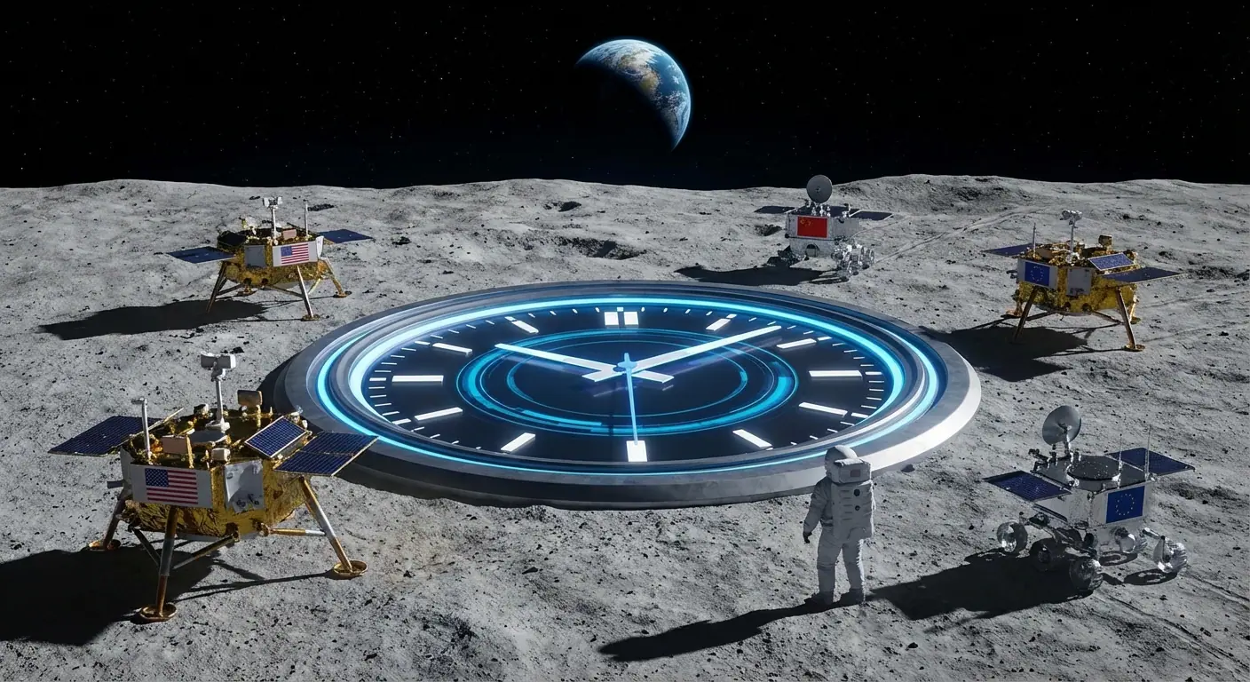 An artistic rendering of a futuristic lunar base on the Moon's surface, featuring a large communication array pointing toward Earth in the starry background.